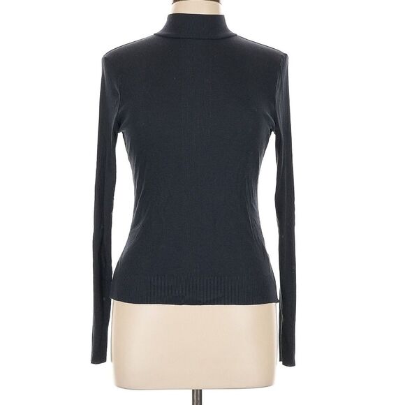 ME+EM Classic Navy Mock Neck Liquid Knit Ribbed Layering Long Sleeve Shirt Sz10 - Picture 2 of 10